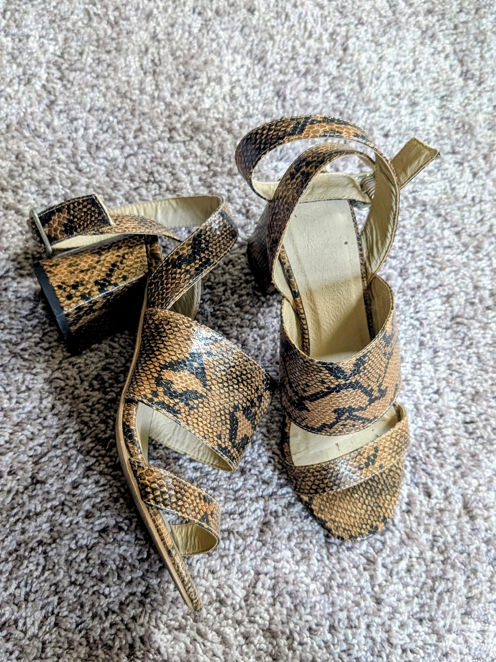 Women’s Snake-Print Strappy Block Heel Sandals in